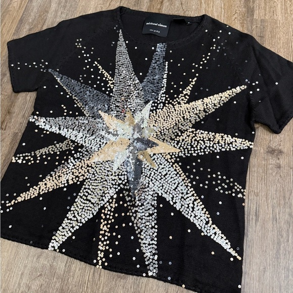Michael Simon • Sequin Star Knit Short Sleeve Sweater - Picture 2 of 15